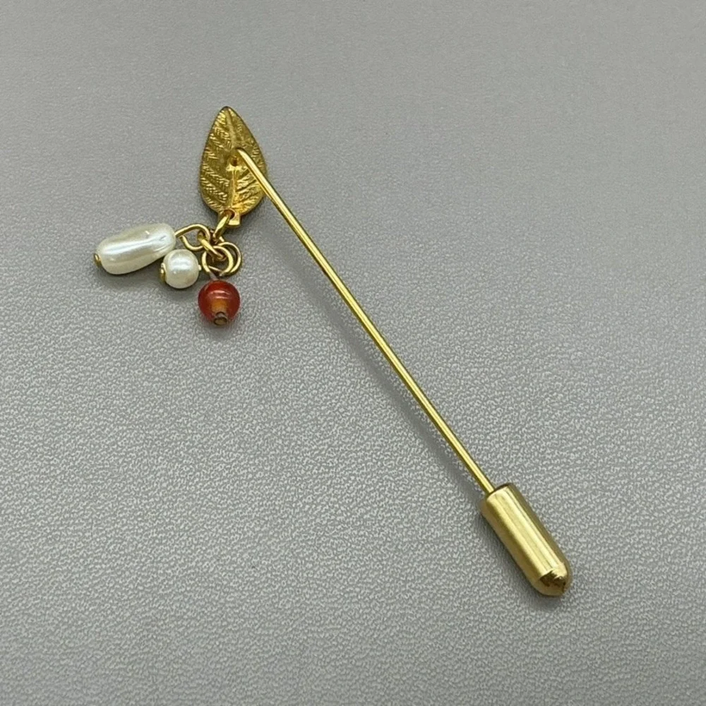 Stick Pin Women Gold Tone Leaf Faux Pearl Red Bead Dangle Vintage Lapel 2.5 Inch